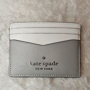 Kate Spade Staci Small Slim Card Holder Saffiano Leather Gray White Minimalist